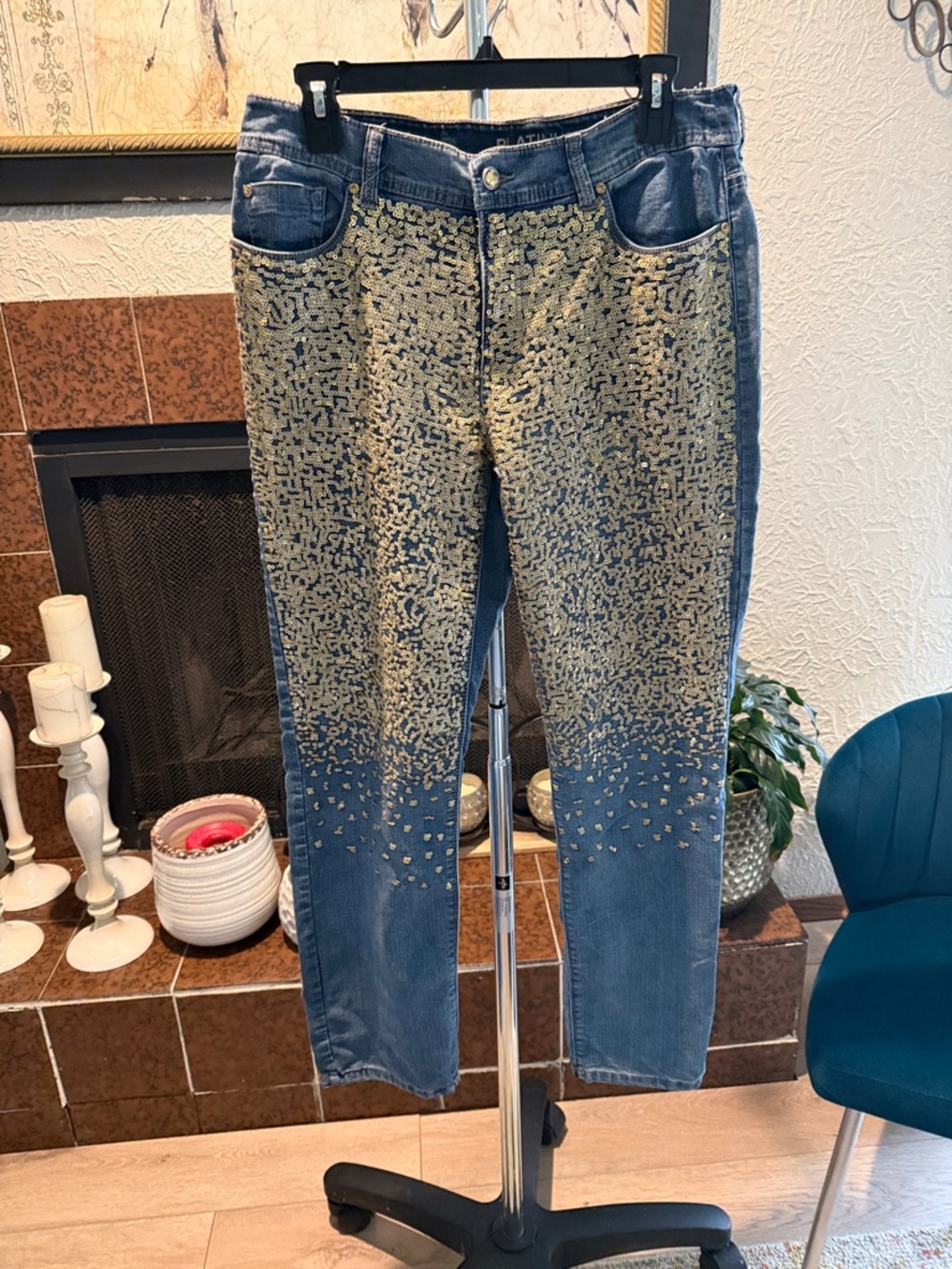 Chico's Blue Skinny Jeans with Gold Sequin Embellishment